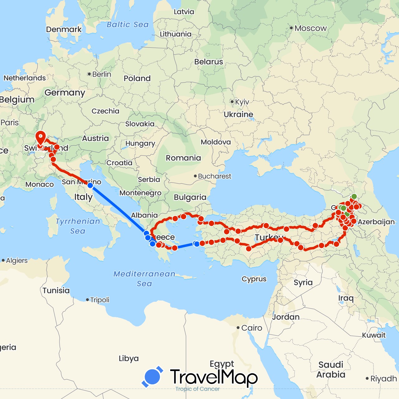 TravelMap itinerary: strasse, fähre, allradstrecke in Armenia, Switzerland, Georgia, Greece, Italy, Turkey (Asia, Europe)