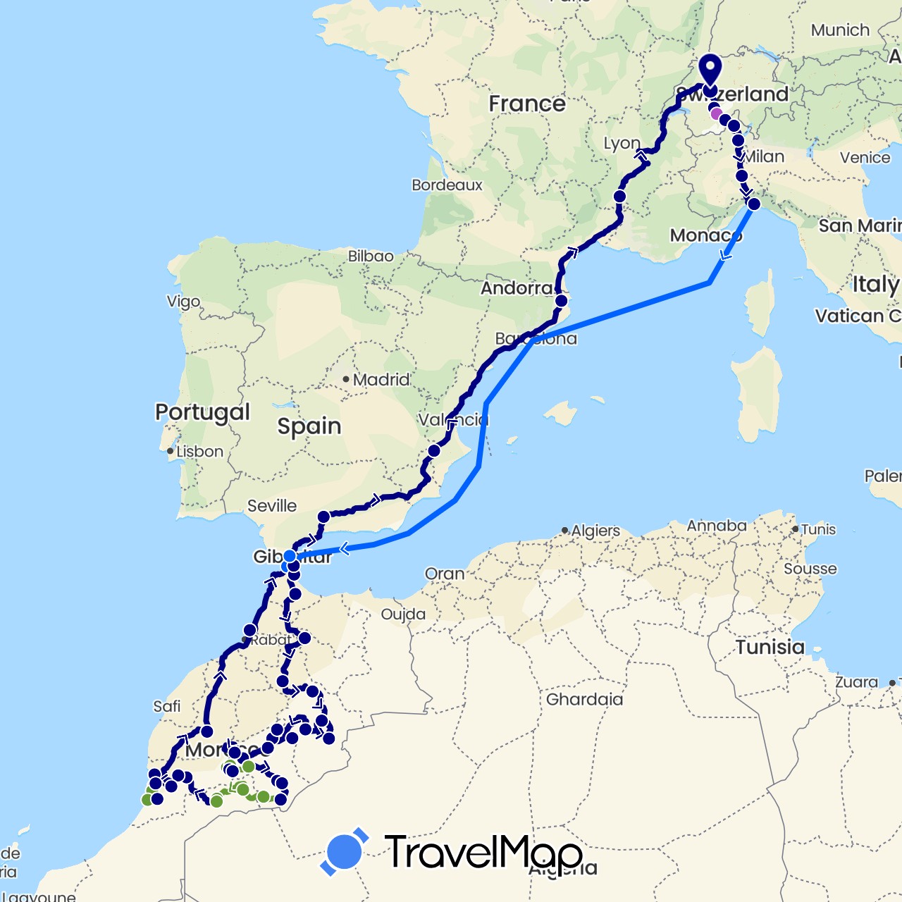 TravelMap itinerary: driving, train, fähre, allradstrecke in Switzerland, Spain, France, Italy, Morocco (Africa, Europe)